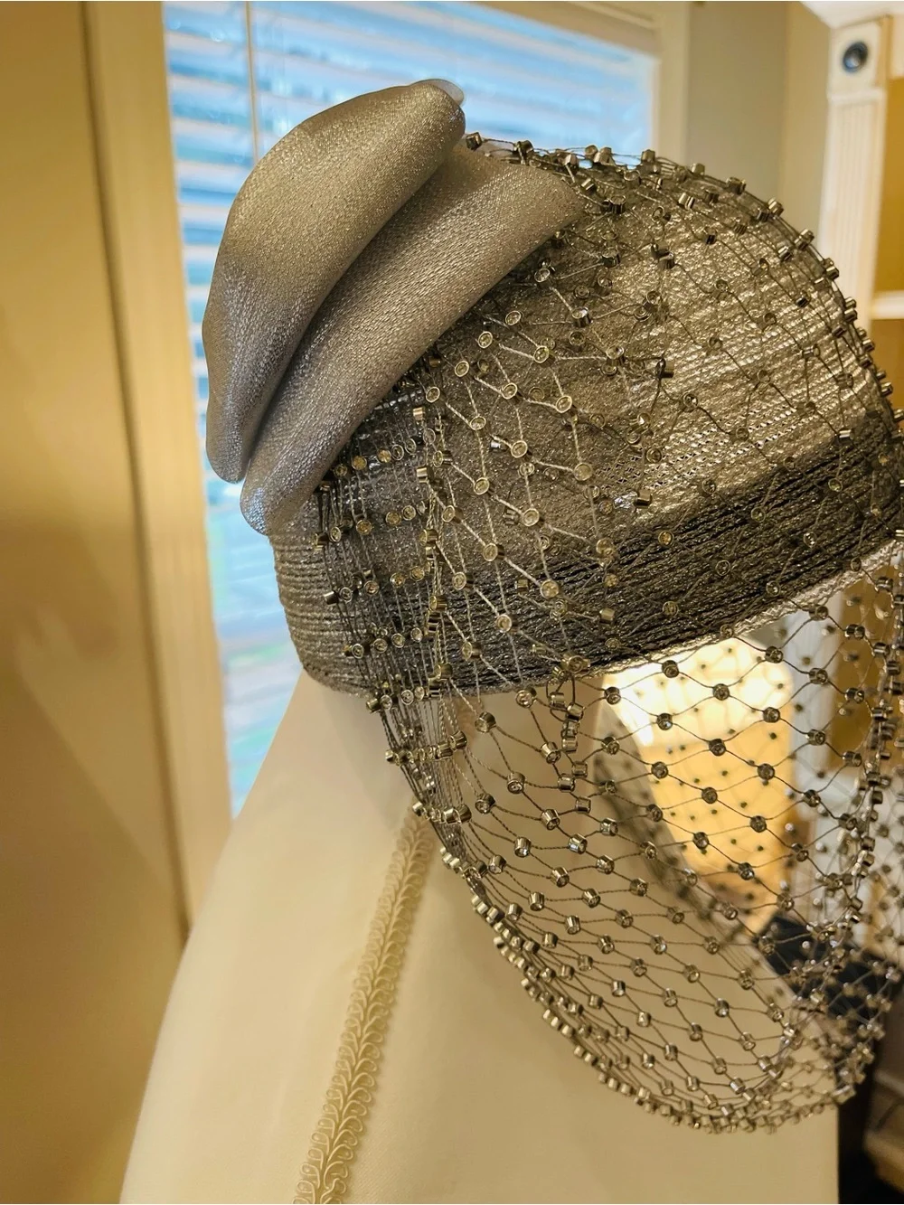 Silver Beaded Veil Fascinator Hat - Picture 9 of 13